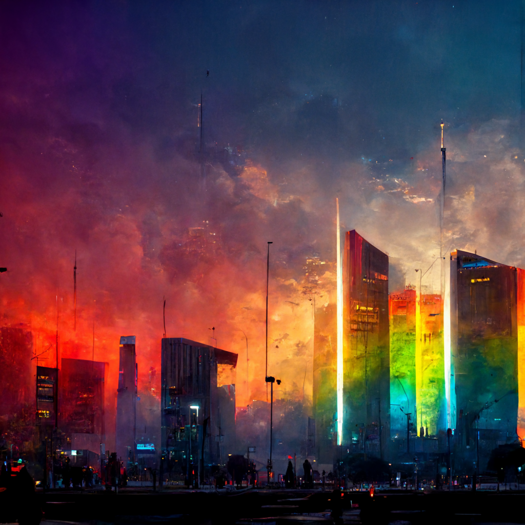 Example of Midjourney Picture City of Rainbows at Dawn