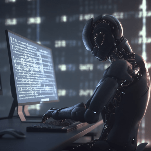 an ai robot typing code into a computer